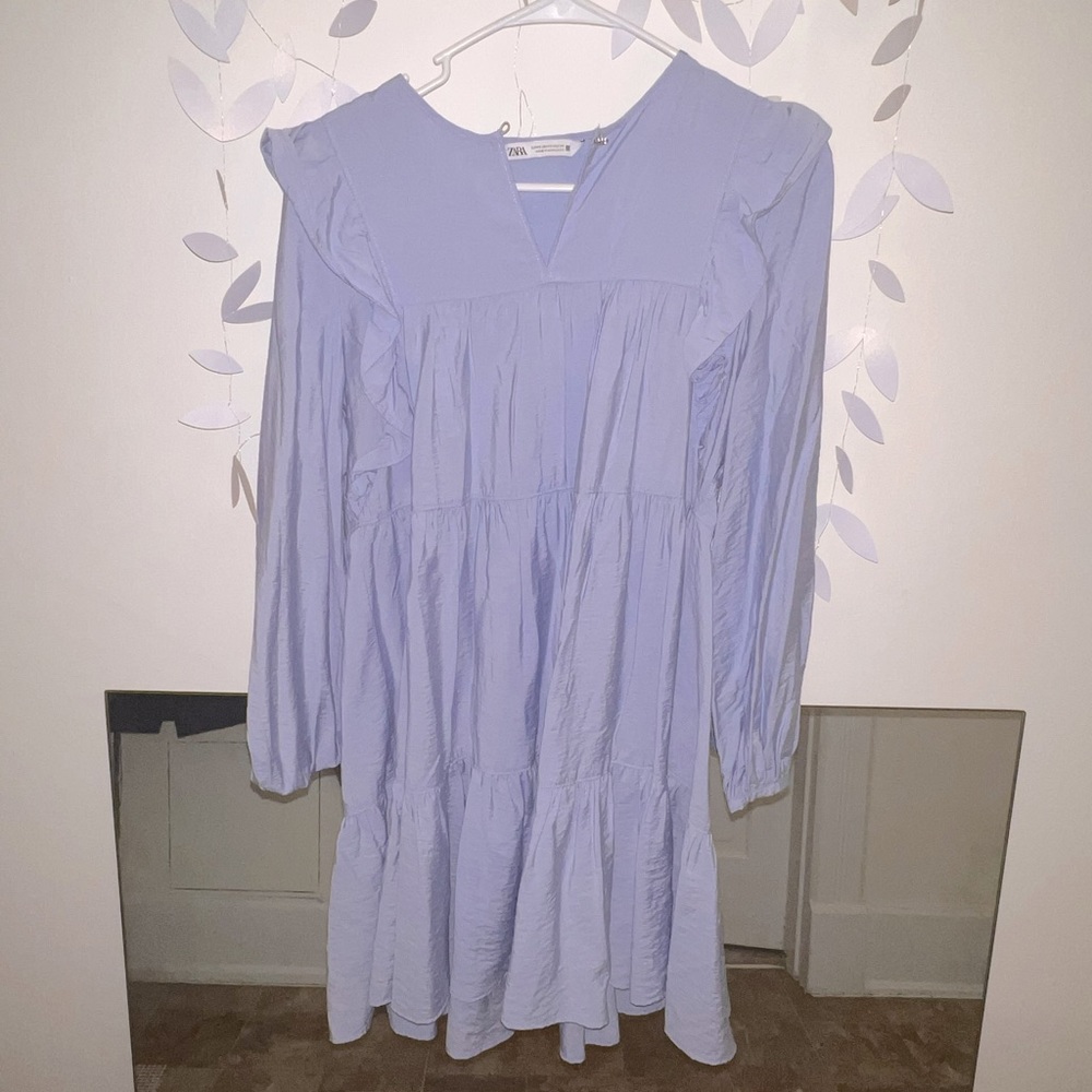 Light Blue Zara Ruffled Long Sleeved Mini Dress